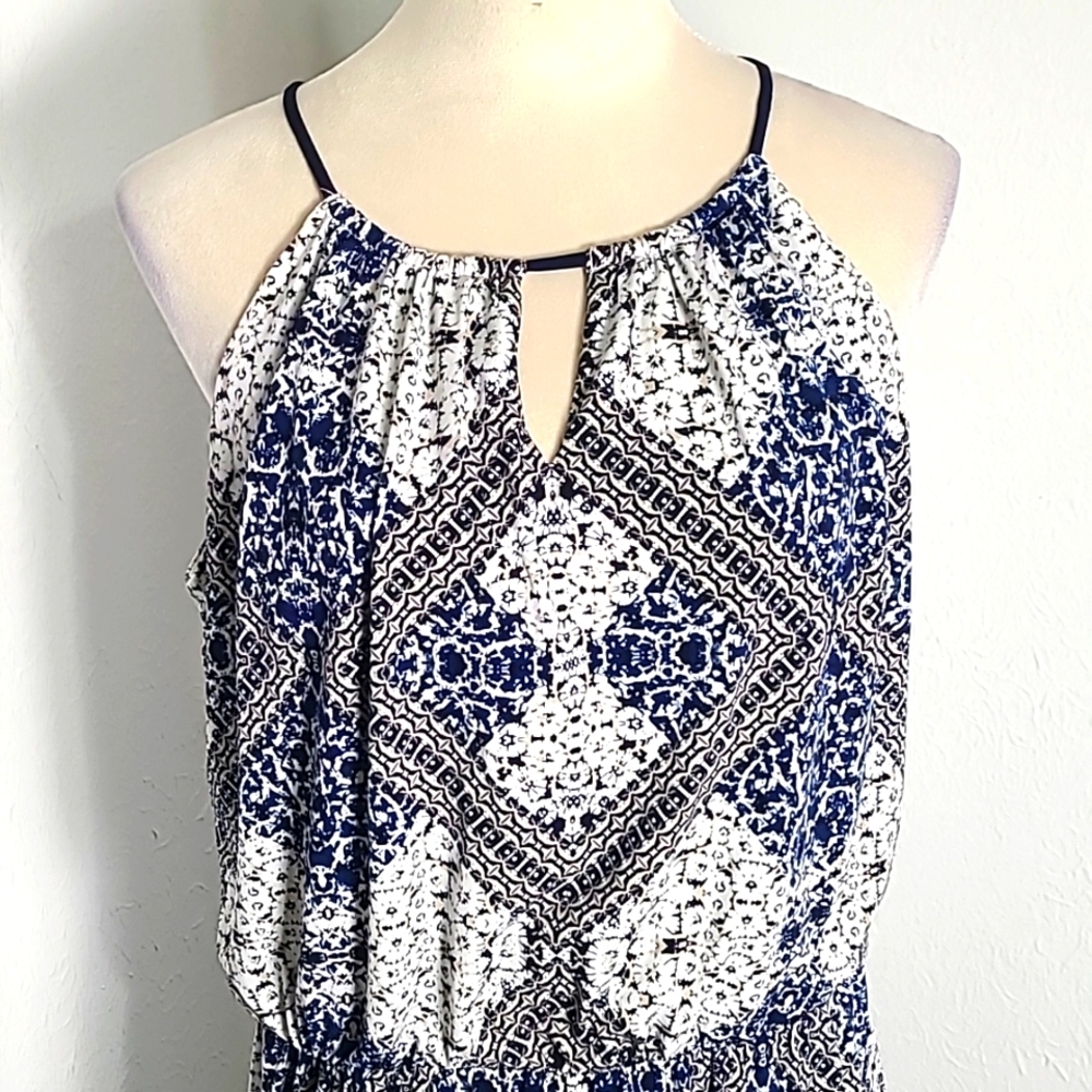 London Times Elegant Navy & White Print Maxi-Dress, Spaghetti Straps, Size 14 - Picture 4 of 10